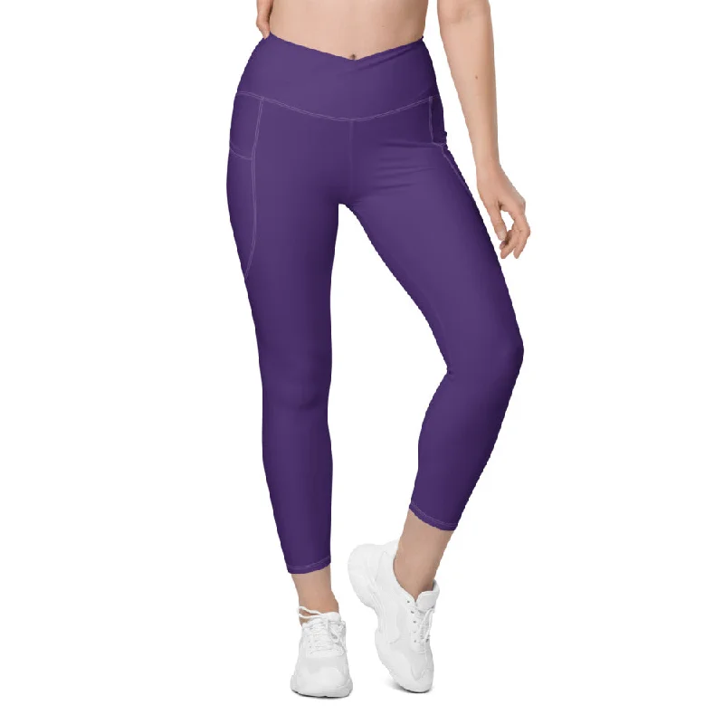 Yoga Pants for Hot Yoga -Solid Lavender Crossover Waist Leggings With Pockets