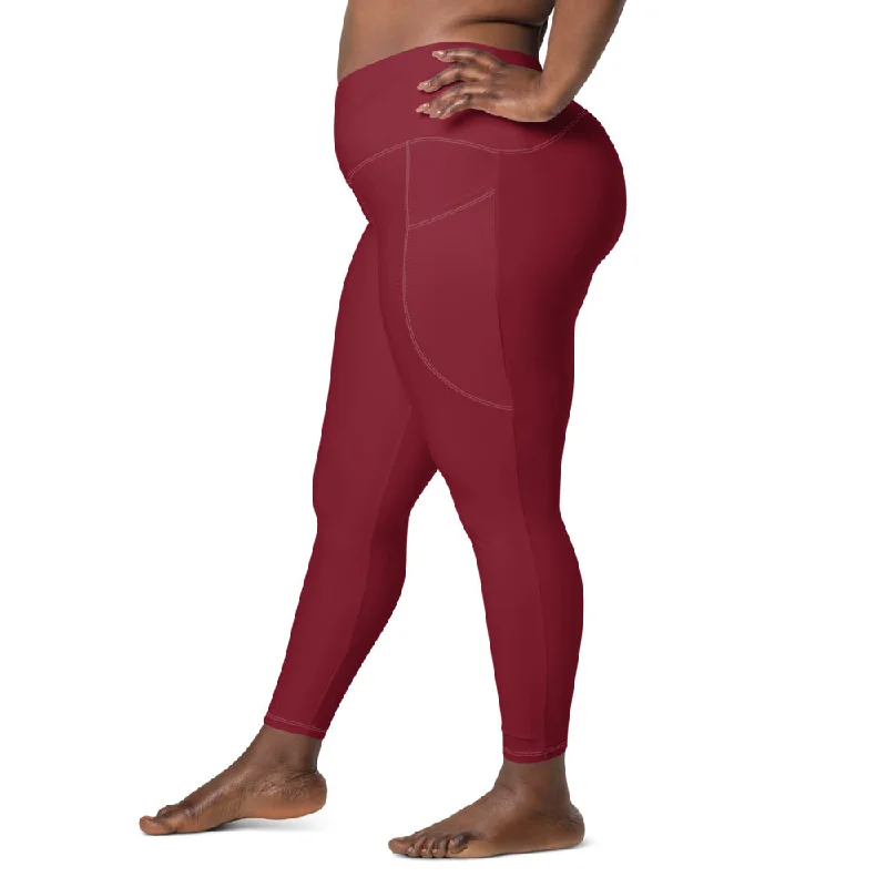 Comfortable Yoga Pants for Comfort -Solid Deep Red Crossover Waist Leggings With Pockets Comfortable Yoga Pants for Comfort -Solid Deep Red Crossover Waist Leggings With Pockets