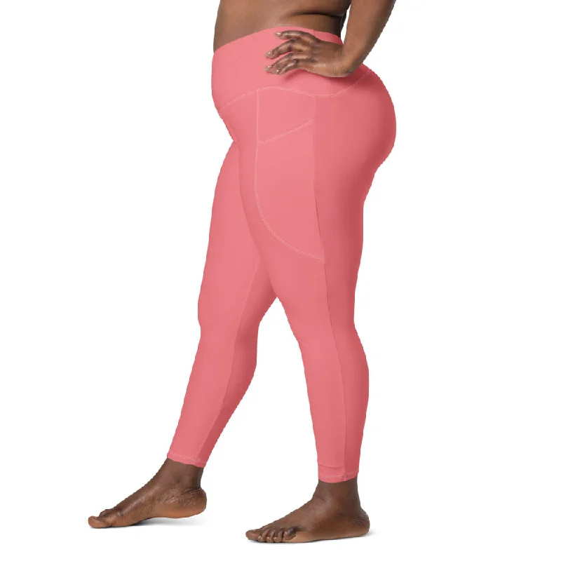 Comfortable Full-Length Yoga Pants -Solid Rose Crossover Waist Leggings With Pockets