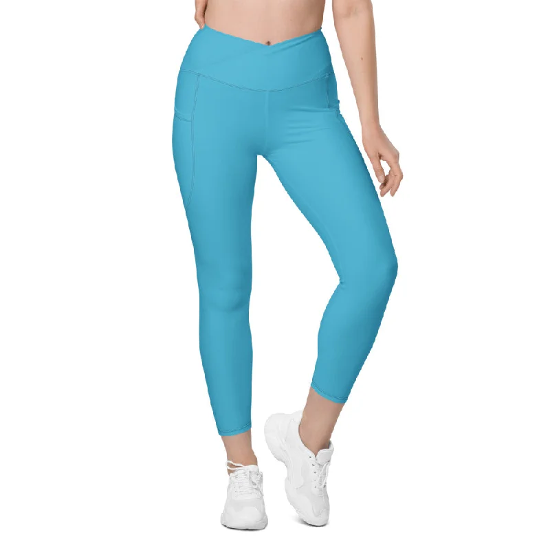 Compression Fit Yoga Pants -Solid Media Crossover Waist Leggings With Pockets