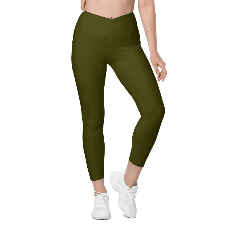 Ultra Soft Yoga Pants -Solid Army Green Crossover Waist Leggings With Pockets