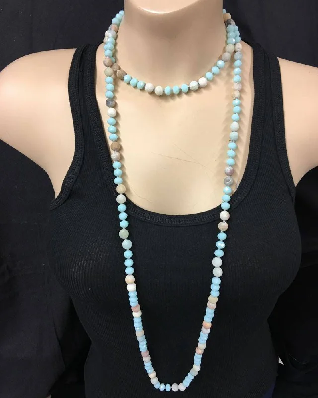 High Compression Yoga Shorts -Crystal and Amazonite Necklace Hand Knotted Extra Long