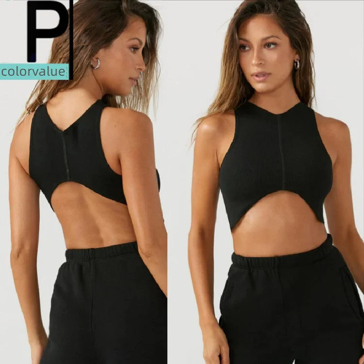 High-Cut Yoga Tops for More Coverage -Sleeveless short slim-fit V-neck yoga vest top curved with chest pad 3 colors