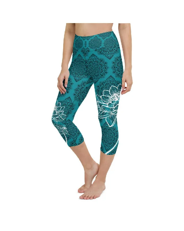 Yoga Pants for Maximum Comfort -Cyan Blue Lotus Yoga Capris