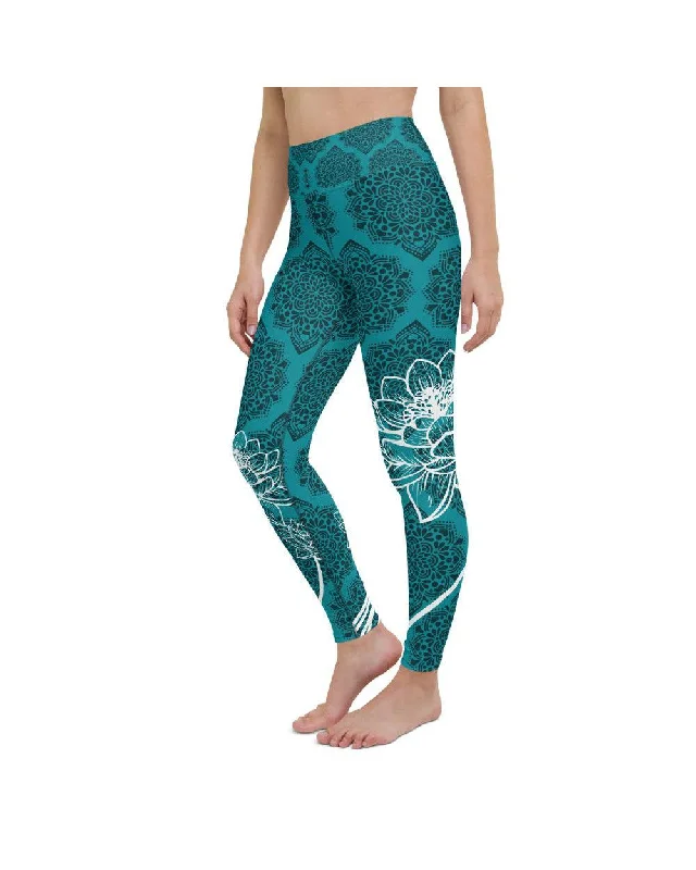 Stylish Yoga Pants with Pockets -Cyan Blue Lotus Yoga Pants