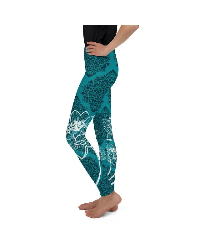 Yoga Pants for Strength and Flexibility -Cyan Blue Lotus Youth Leggings