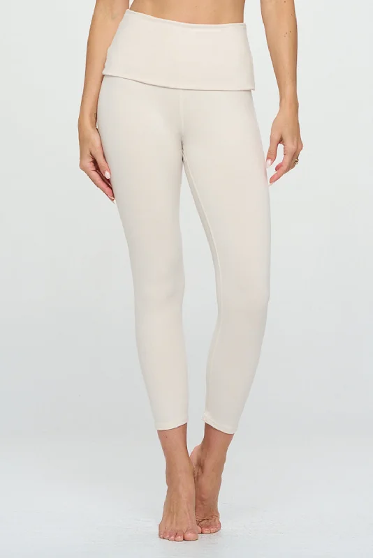 Yoga Pants for Deep Poses -Dana - Snow White - Fold - Over Waistband 7/8  Legging