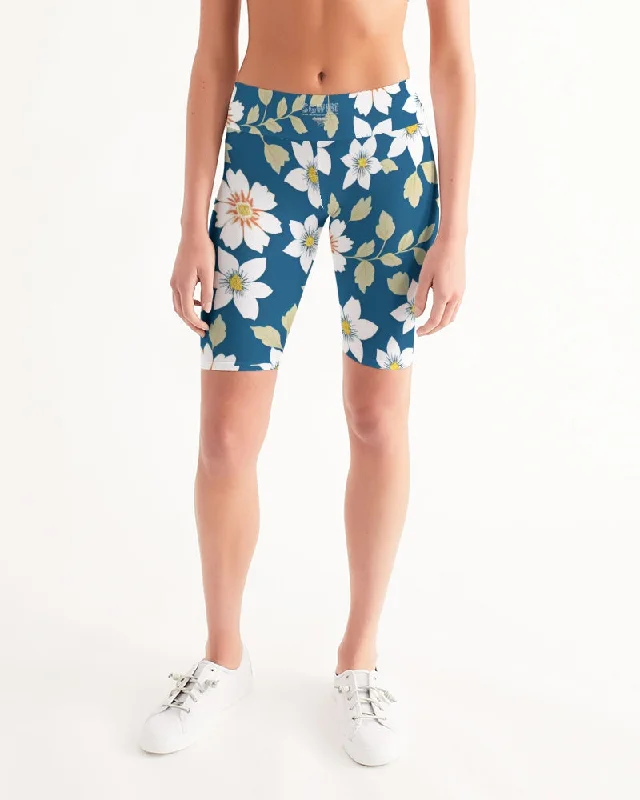 Yoga Shorts for Poses and Comfort -Dark blue background and white flower pattern Women's All-Over Print Mid-Rise Bike Shorts Yoga Shorts for Poses and Comfort -Dark blue background and white flower pattern Women's All-Over Print Mid-Rise Bike Shorts