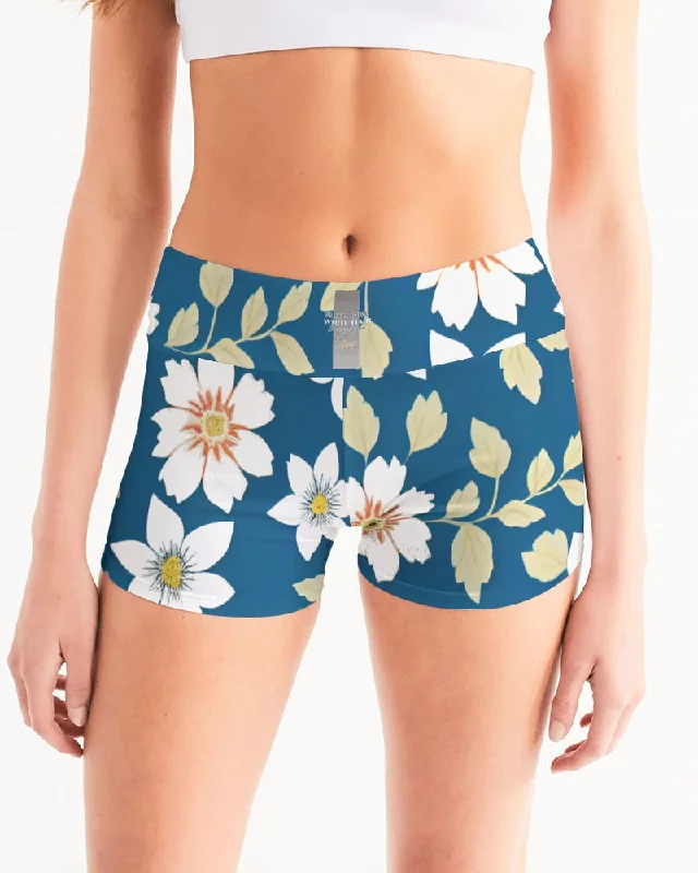 Yoga Shorts for Stretch and Endurance -Dark blue background and white flower pattern Women's All-Over Print Mid-Rise Yoga Shorts Yoga Shorts for Stretch and Endurance -Dark blue background and white flower pattern Women's All-Over Print Mid-Rise Yoga Shorts