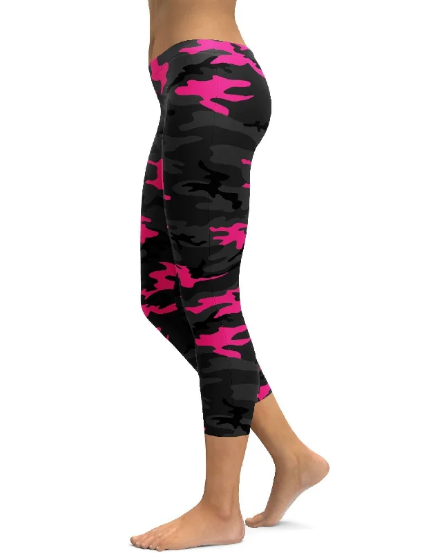 Stylish Yoga Pants with High Waist -Dark Pink Camo Capris