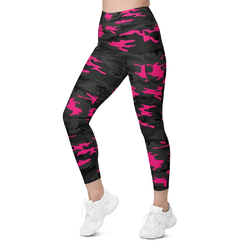 Stylish High-Waisted Yoga Pants -Dark Pink Camo Leggings with Pockets