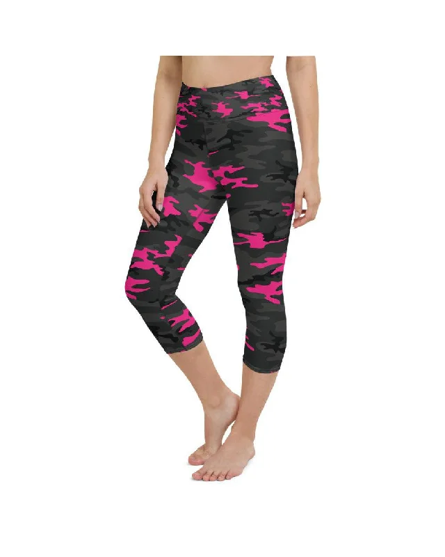 Black Yoga Pants -Dark Pink Camo Yoga Capris
