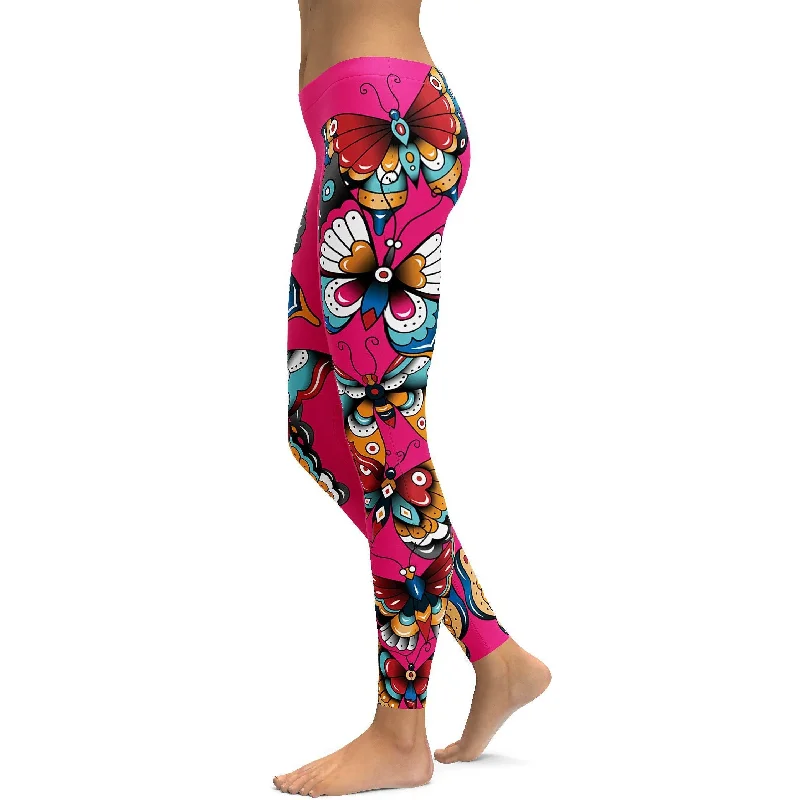 Full-Waisted Yoga Pants for Support -Day of the Dead - Butterflies Leggings