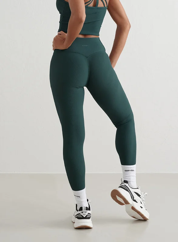 Yoga Pants for Daily Stretching -Deep Emerald Ribbed Performance Tights