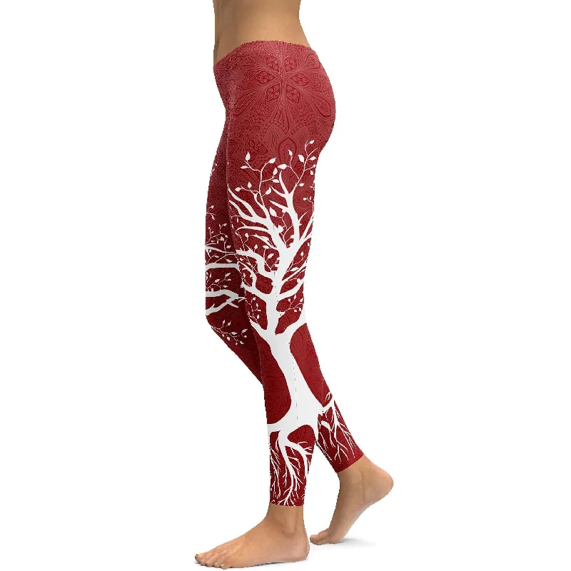 Yoga Pants for Building Flexibility -Deep Red Tree of Life Leggings
