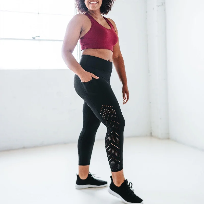 Yoga Pants for Mobility and Strength -Lux Denali Laser Cut Capris - Black
