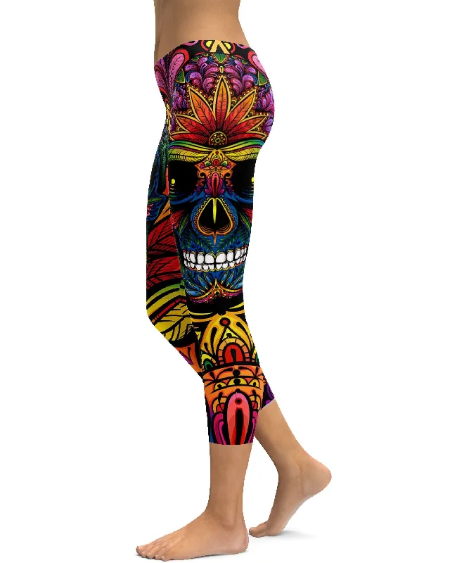 Yoga Pants for Warm-Up and Cool Down -EDM - Rainbow Rave Skull Capris