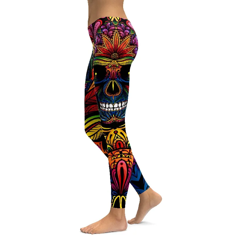 Yoga Pants with Built-in Support -EDM - Rainbow Rave Skull Leggings