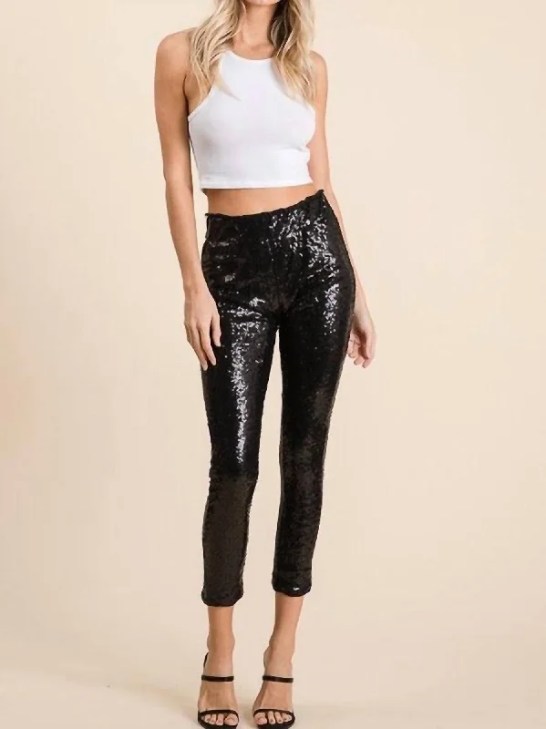 Yoga Shorts for All Day Wear -Elastic Waist Sequin Leggings In Black