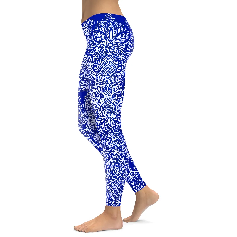 Stylish and Functional Yoga Pants -Electric Blue and White Henna Tattoo Leggings
