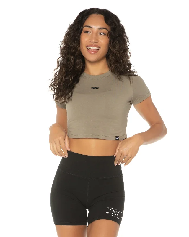 Women's Yoga Tops for Stretching and Yoga Poses -Elite Crop Tee - Khaki