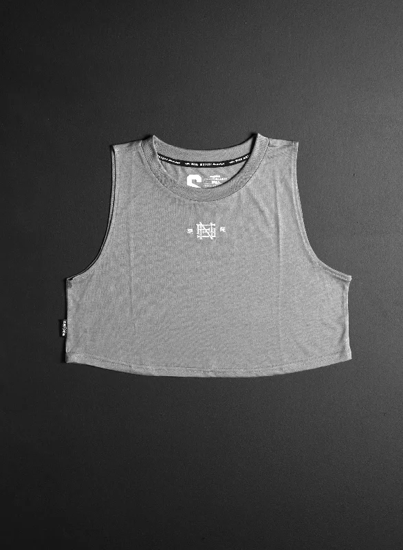 Yoga Tops for Warm Yoga Classes -EMB CROP TANK - GREY