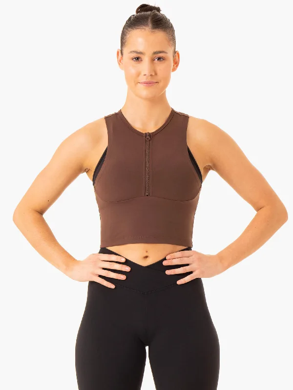 Yoga Tops for Comfort and Mobility -Embody Zip Up Crop - Chocolate