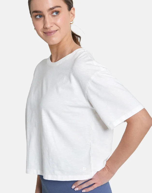 Yoga Tops for Stretching and Strength -Boyfriend Crop Tee in Ivory White
