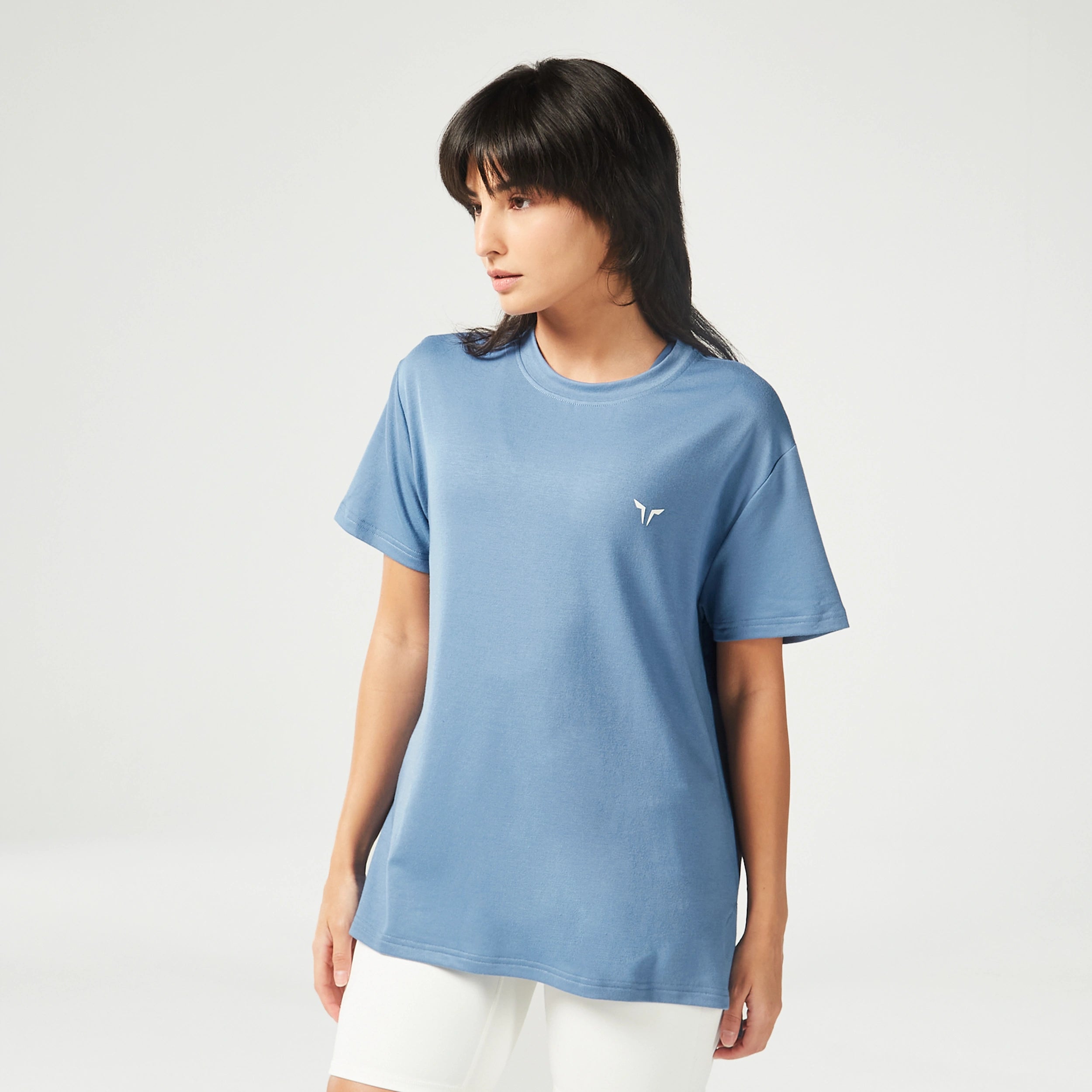 Yoga Tops with Adjustable Fit for Custom Support -Essential Longline Oversized Tee - Coronet Blue Yoga Tops with Adjustable Fit for Custom Support -Essential Longline Oversized Tee - Coronet Blue