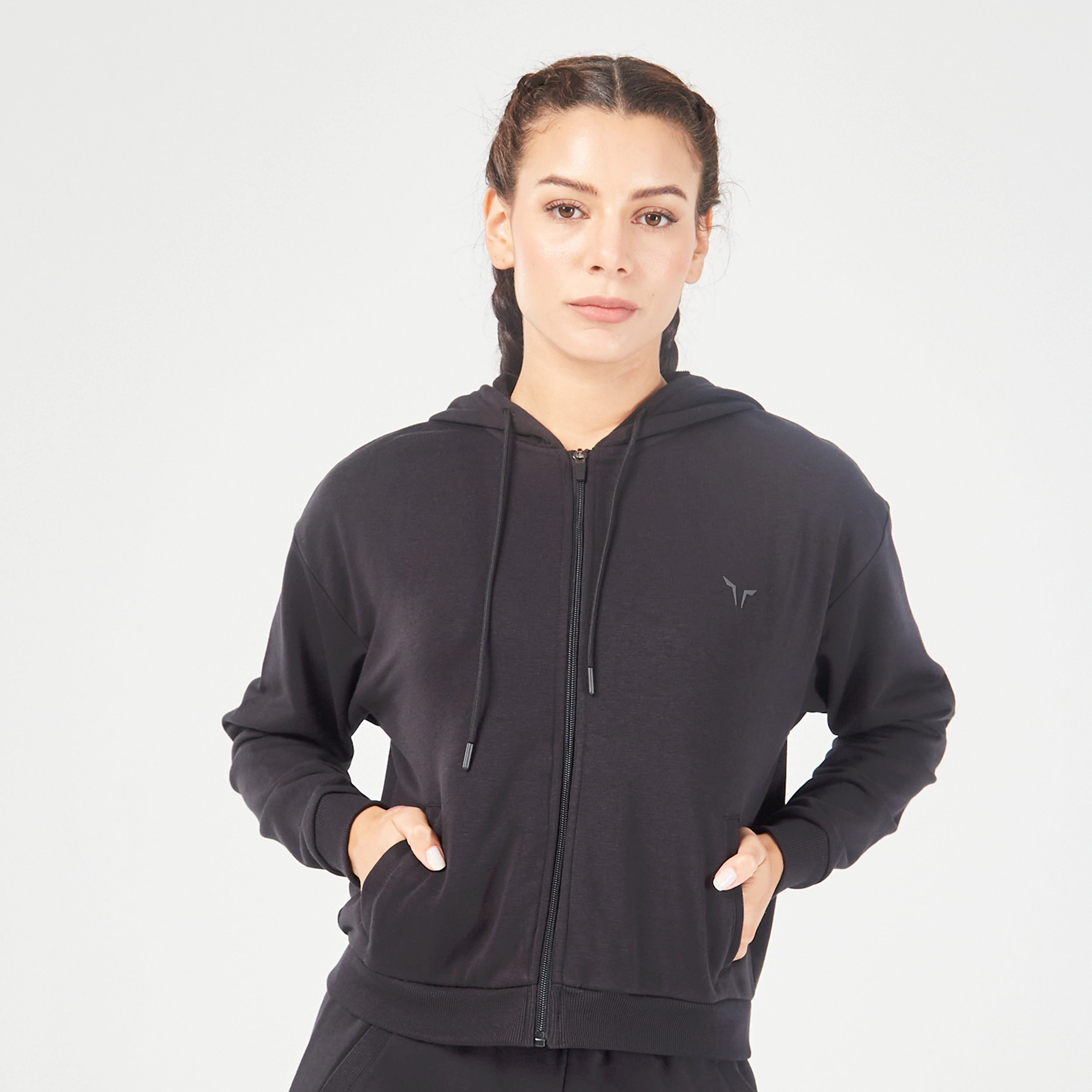 Women's Yoga Tops with Long Sleeves for Coverage -Essential Relaxed Zip Up Hoodie - Black Women's Yoga Tops with Long Sleeves for Coverage -Essential Relaxed Zip Up Hoodie - Black