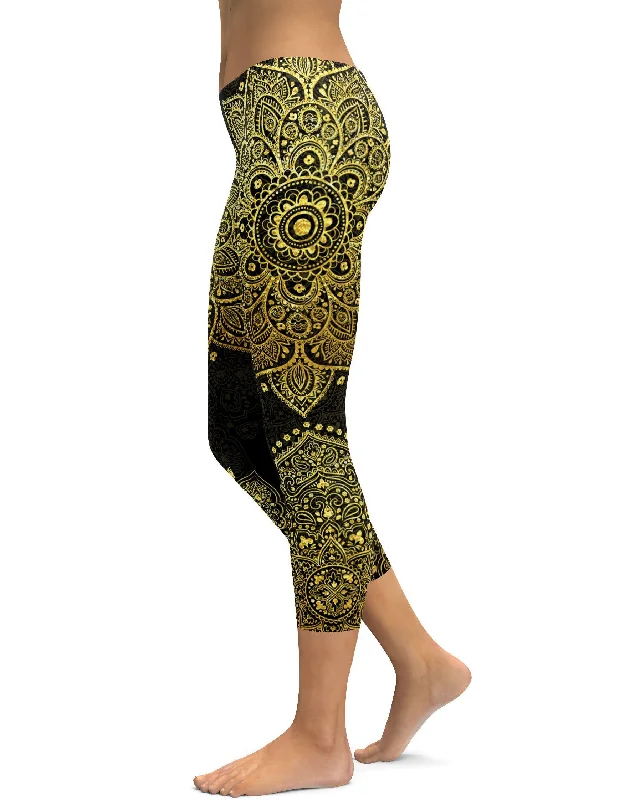 Yoga Pants with Anti-Chafing Features -Faux Golden Mandala Capris