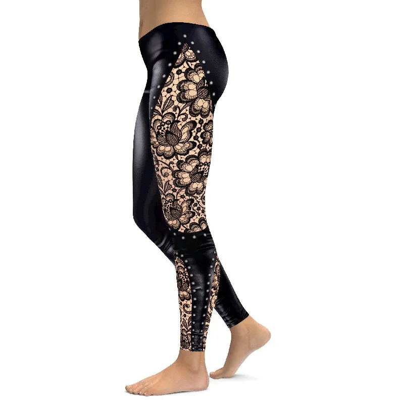 Premium Yoga Pants for Women -Faux Lace & Leather Leggings