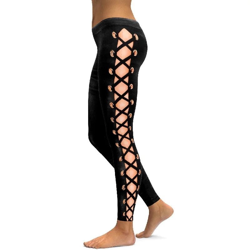 Performance Yoga Pants -Faux Leather Lace Up Leggings