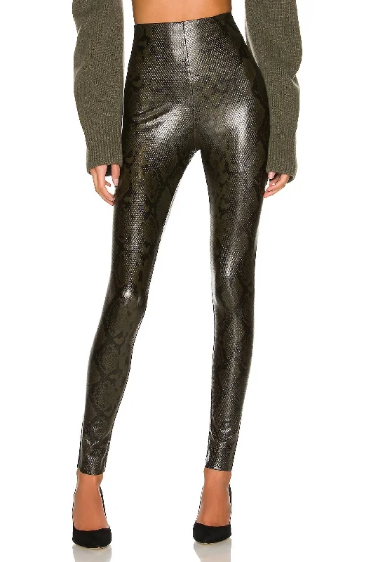 Yoga Shorts for Core Training -Faux Leather Animal Legging In Moss Snake