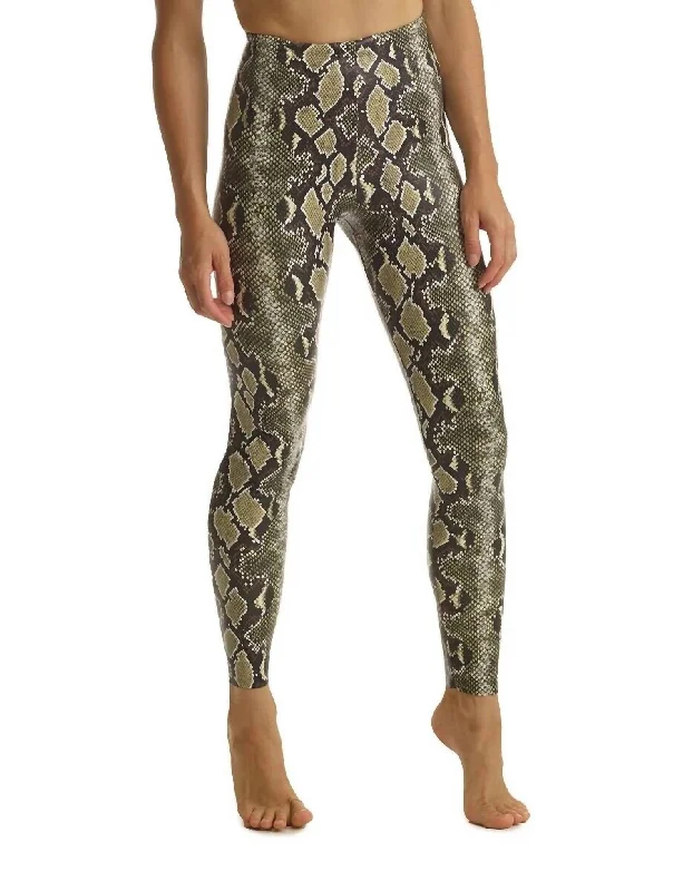 Yoga Shorts with Smooth Waist Fit -Faux Leather Animal Print Legging In Olive Snake