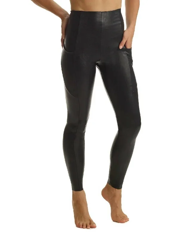 Premium Yoga Shorts for Relaxing -Faux Leather Pocket Legging In Black
