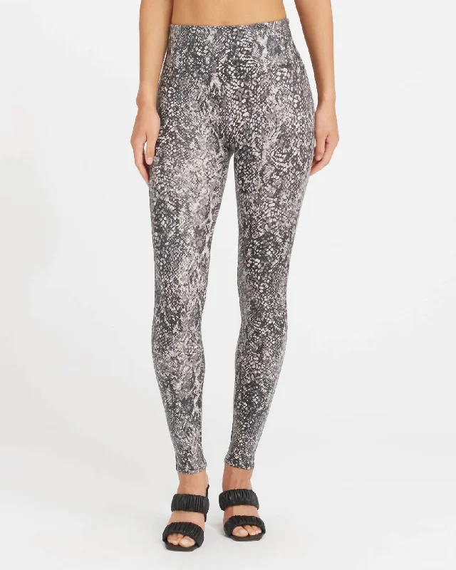 Breathable Yoga Shorts for Everyday -Faux Leather Snake Shine Leggings In Grey Snake