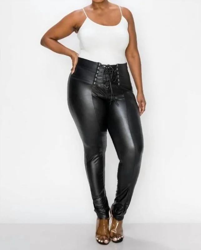 Yoga Shorts for Increased Flexibility -Faux Leather Tie Waist Leggings - Plus In Black Yoga Shorts for Increased Flexibility -Faux Leather Tie Waist Leggings - Plus In Black