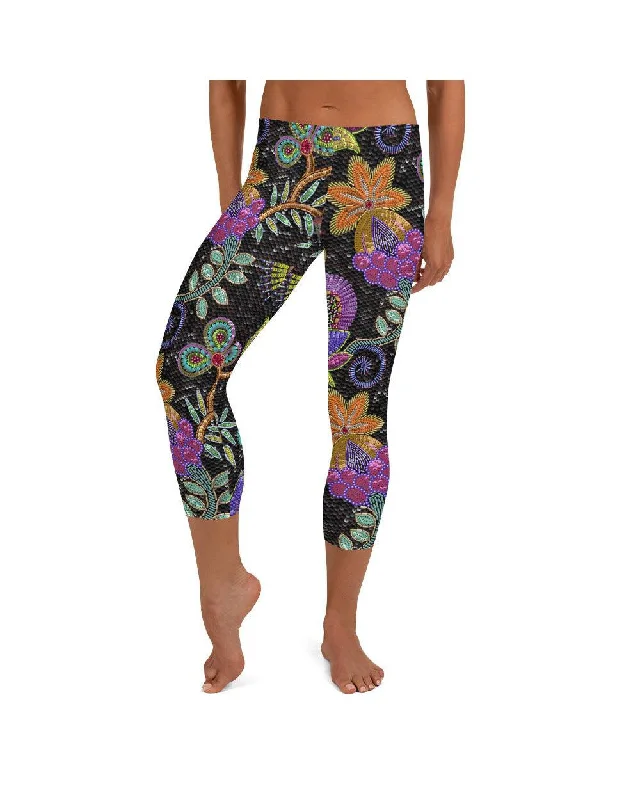 Soft Yoga Pants for Relaxation -Faux Paillette Flower Capris