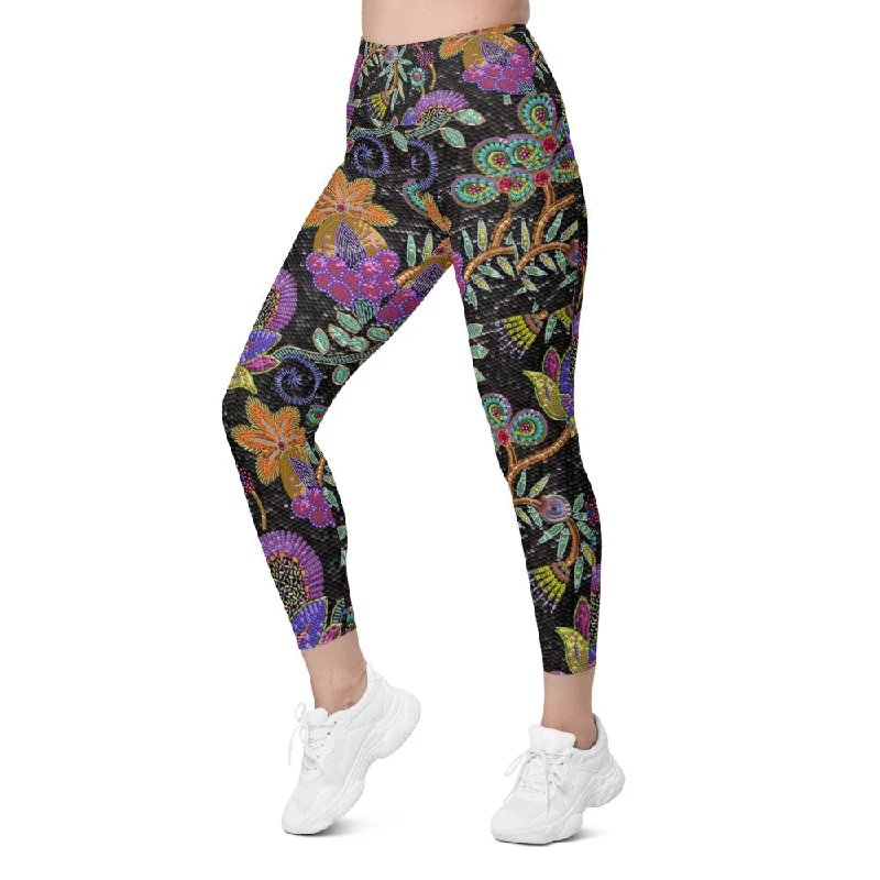 Comfortable Yoga Pants for Comfort -Faux Paillette Flower Leggings with Pockets
