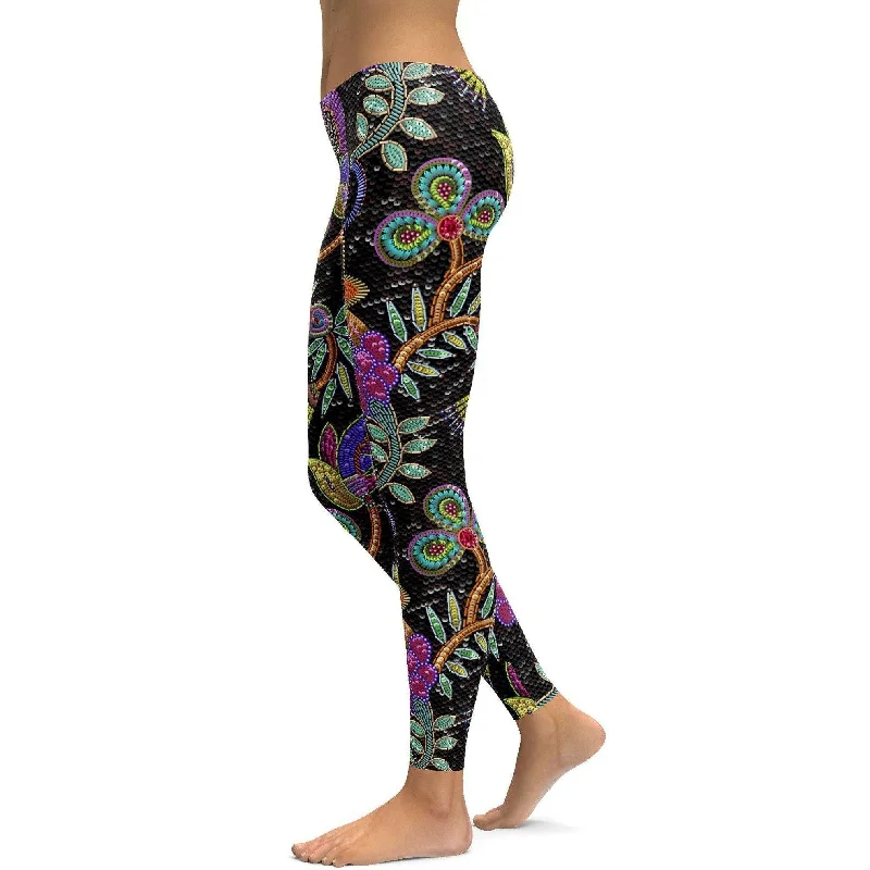 Stylish Leggings for Yoga and Gym -Faux Paillette Flower Leggings