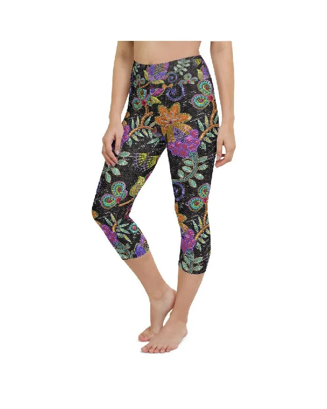 Yoga Pants for Strength and Flexibility Training -Faux Paillette Flower Yoga Capris