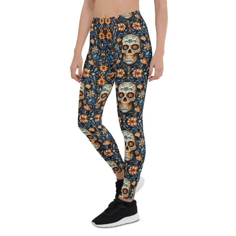 Soft Yoga Pants for Chilling -Festival Blue Sugar Skull Leggings