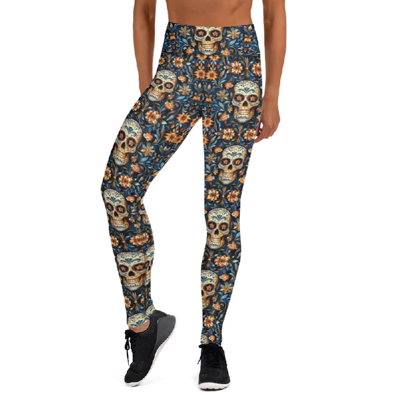 Yoga Pants for Increased Flexibility -Festival Blue Sugar Skull Yoga Pants