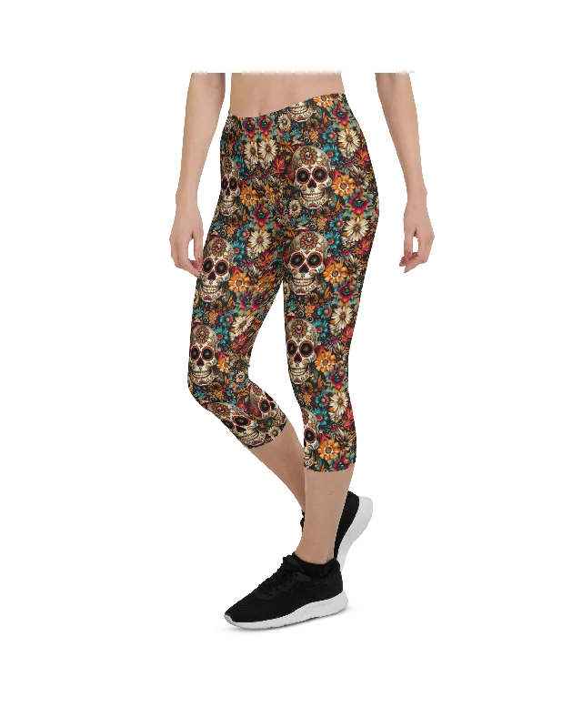 Comfortable Yoga Pants for Flexibility -Festival Colorful Sugar Skull Capris