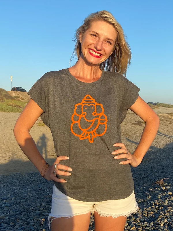 Yoga Tops for Flexibility and Endurance -Flock Orange Ganesh Hi-Lo Scallop Tee