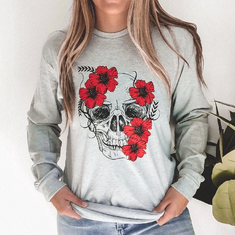 Yoga Tops for Flexibility and Endurance -Floral Skull • Gray Long Sleeved