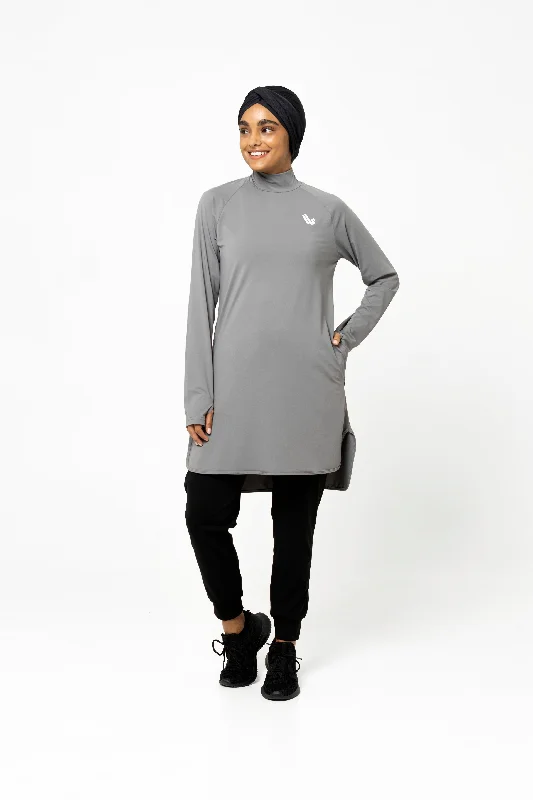 Zip-Up Yoga Tops for Extra Support -The Staple Modest Sports Dress- Charcoal
