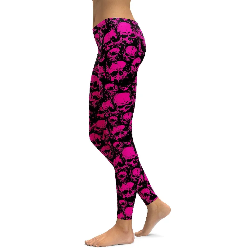 High Performance Yoga Pants -Fluro Pink Skull Leggings