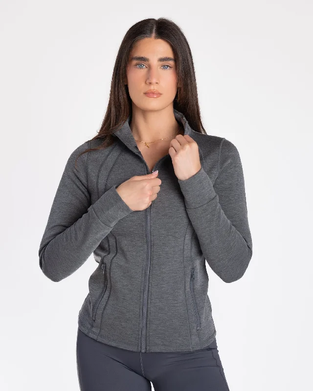 Comfortable Yoga Tops for High-Intensity Workouts -Full Zip Soft Scuba Jacket - Heathered Magnet